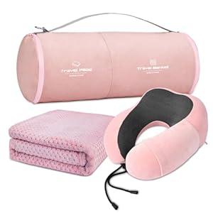 urnexttour Travel Pillow and Blanket Set Neck Pillow Airplane Memory Foam for Traveling Compact with Bag Pink