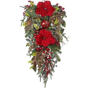 Briful Red Magnolia Christmas Swag 29.5 Farmhouse Christmas Teardrop with Red Pomegranate & Berries, Hanging Xmas Door Swags for Front Door, Fireplace Mantel, Outdoor Holiday Decor