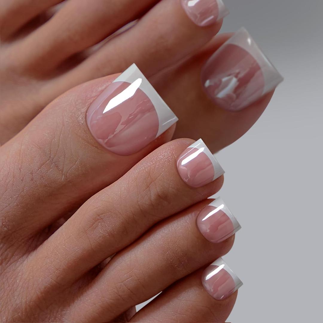 BTArtbox Press On Toenails - Real Square Glaze White French Tip Toe Nail Press Ons with Glue for Women, Opaque Fake Toe Nail Tips in 15 Sizes - 30 Toenails Kit, Electrophile