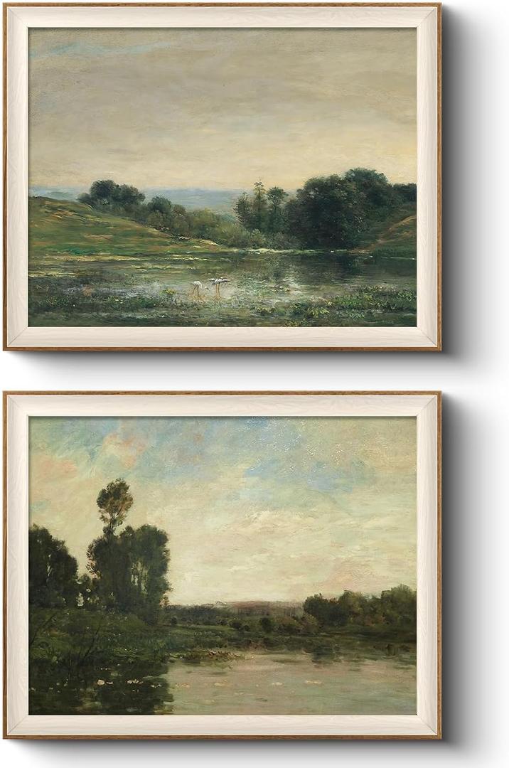 VIYYIEA Framed Vintage Landscape Wall Art Set of 2, Classical Nature Scene Canvas Painting Print, Rustic Home Decor for Living Room and Bedroom, 16x20 Inch (The riverbank at dusk)