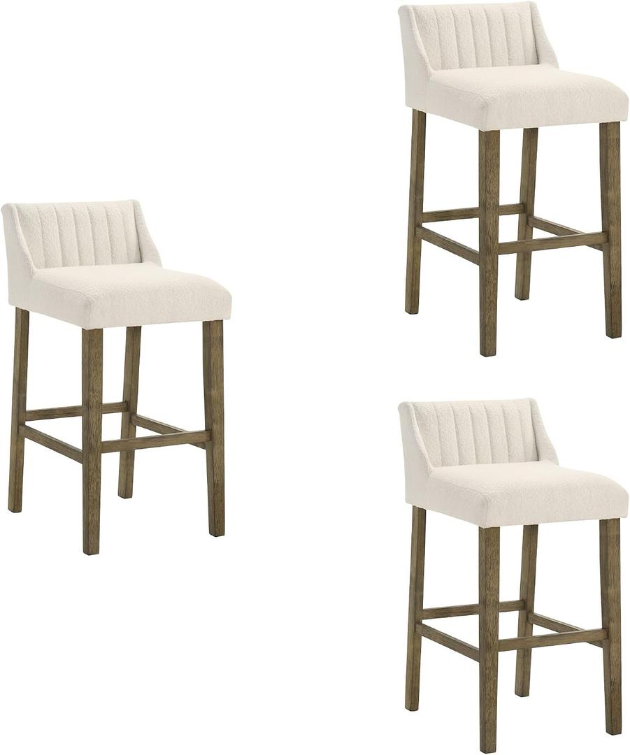 Armen Living Fauna Modern Transitional Wood Bar Height Kitchen Bar Stool in Putty Brown Finish with White Boucle Fabric Upholstered Seat - Set of 2, 30" Bar Height