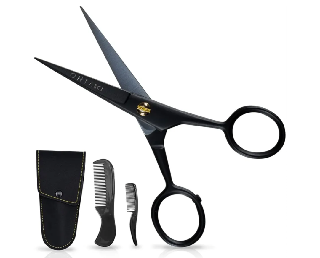 Ontaki 5" Professional German Beard & Mustache Scissors with 2 Comb & Carrying Pouch for Men - Bevel Edge for Precision - Facial Hair Grooming Kit All Body Hair - Black - Beard Trimming Scissors