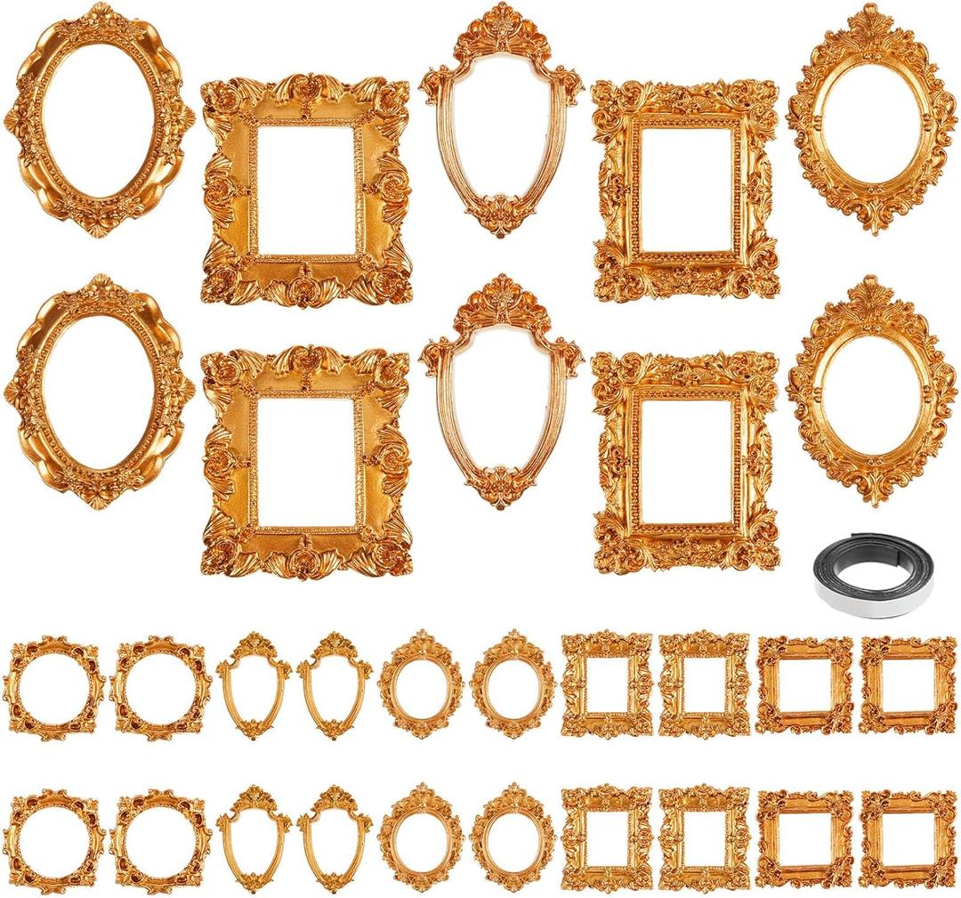 30 Pcs Mini Gold Picture Frames with Magnetic Tape Small Vintage Resin Antique Miniature Tiny Frames DIY Baroque for Photo Jewelry Home Wedding Decor
