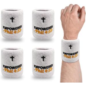 4 Pack Christian Sports Sweat Wristbands with Scripture & Cross for Men Women Gym Football Basketball Baseball (White)
