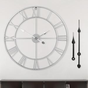 LEIKE 24" Modern Large Wall Clocks,Vintage, Round,Silent Non Ticking,Battery Operated,Silver Metal Roman Numerals Clock for Living Room/Bedroom/Kitchen Decor