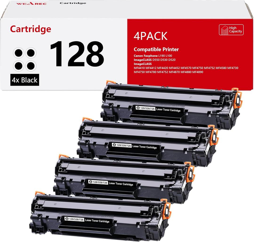Compatible Toner Cartridge Replacement for Canon 128 CRG128 Work with Faxphone L190 L100 ImageCLASS D550 D530 MF4410 MF4412 MF4420 MF4452 Printer(4-Pack)