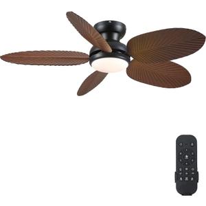 Ceiling Fans with Lights and Remote/APP Control, 45 Inch Low Profile Tropical Ceiling Fan for Living Room Bedroom, Outdoor Flush Mount Palm Leaf Ceiling Fan for Patios Porch, Brown