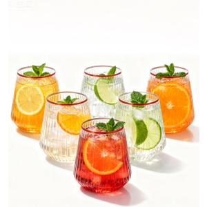 BESTSTAR 36 Pcs 12 oz Plastic Clear Red Rim Ribbed Wine Glasses, Origami Ripple Disposable Champagne Glasses Elegant Whiskey Glasses Ideal for Weddings, Bars, Christmas, Pool Party, Daily Use