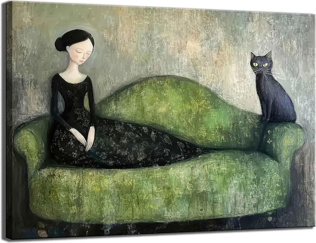 Woman Black Cat Canvas Wall Art Vintage Moody Green Sofa Feminine Decor painting Pictures Funny Girl Black Cat Posters Prints for living room Bathroom Bedroom Office Hallway Home Decoration, 24"L x 16"W
