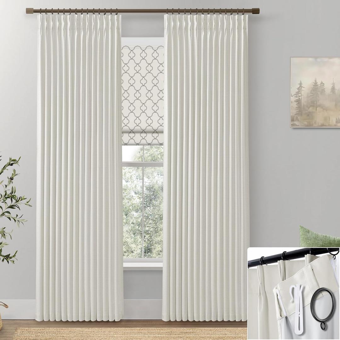 SHINELAND 90 Inch Pinch Pleated Blackout Curtains,Cream Linen Extra Wide Long Farmhouse Block Black Out Curtains for Bedroom Windows Living Room 2 Panels Set (40"W x 90"L (Pack of 2), Natural Cream)