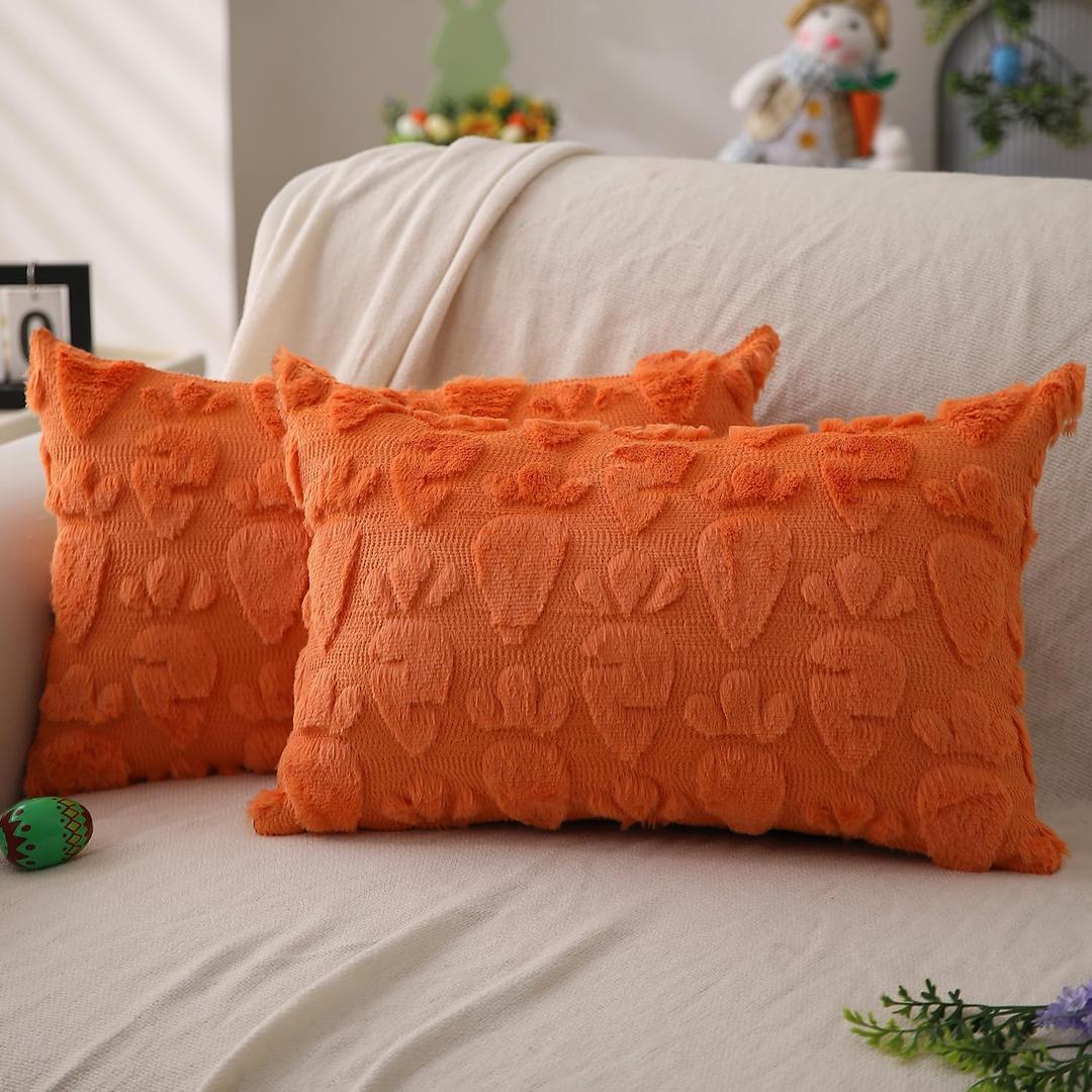DFXSZ Easter Pillow Covers 12x20 inch Set of 2 Easter Decoration Orange Carrot Soft Plush Faux Fur Jacquard Throw Pillows for Bedroom Sofa Holiday Festivals Home Decor FHJ-08A12