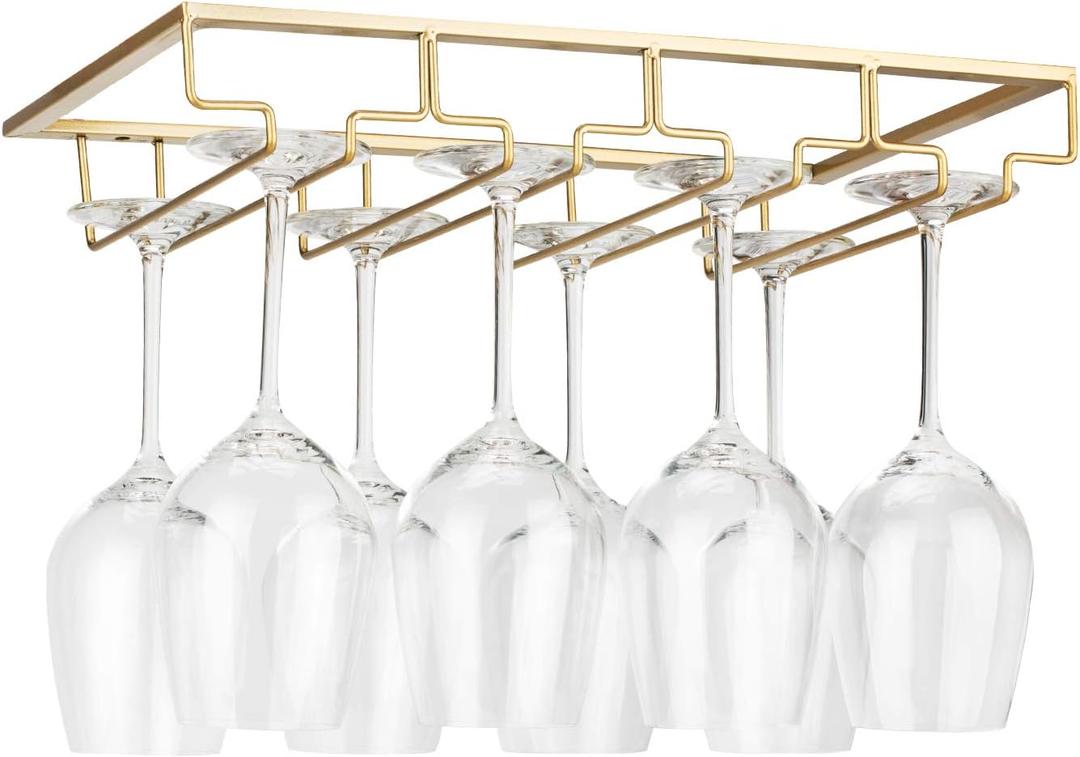 FOMANSH Wine Glass Rack Under Cabinet - Stemware Holder Metal Wine Glass Organizer Glasses Storage Hanger for Bar Kitchen Gold 4 Rows
