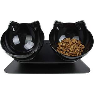 Luck Dawn Double Elevated Cat Bowls with Raised Stand, 15 Tilted cat Bowl Design Neck Guard Stand Raised Pet Food Water Feeder Bowl for Cats or Small Dogs (Black Stand with 2 Black Bowls)