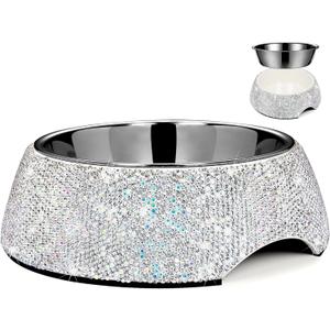 SlowVibes Bling Stainless Steel Dog Bowls,7oz Detachable Rhinestone Metal Food Water Bowl for Feeding Dogs Cats,Rust Resistant Non-Slip Puppy Dish with Gems,Sparkle Essentials for Small Girly Pets