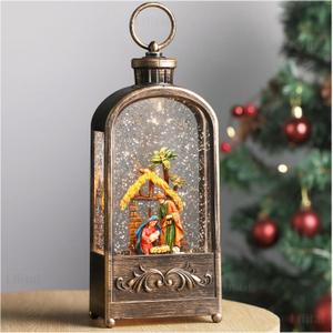 Nativity Snow Globe Lantern Christmas Manger Scene Snow Globe Glitters Jesus Decoration Indoor, Musical Snowing Lantern Festival Holiday Battery Operated USB Powered 11In
