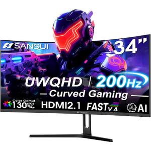 SANSUI 34 Inch UWQHD 200HZ Curved Gaming Monitor, FastVA 3440x1440P Ultrawide 1500R Curved Gaming Computer Monitor 21:9 with PIP PBP, AI Tech Enhance, 2xHDMI2.1 DP1.4 Ports(HDMI2.1 Cable Incl.)