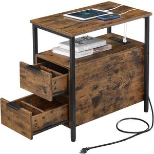 VASAGLE Side End Table with Charging Station, Slim Nightstand with 2 Drawers, Narrow Bedside Table for Living Room, Small Spaces, Rustic Brown and Ink Black ULET321B01