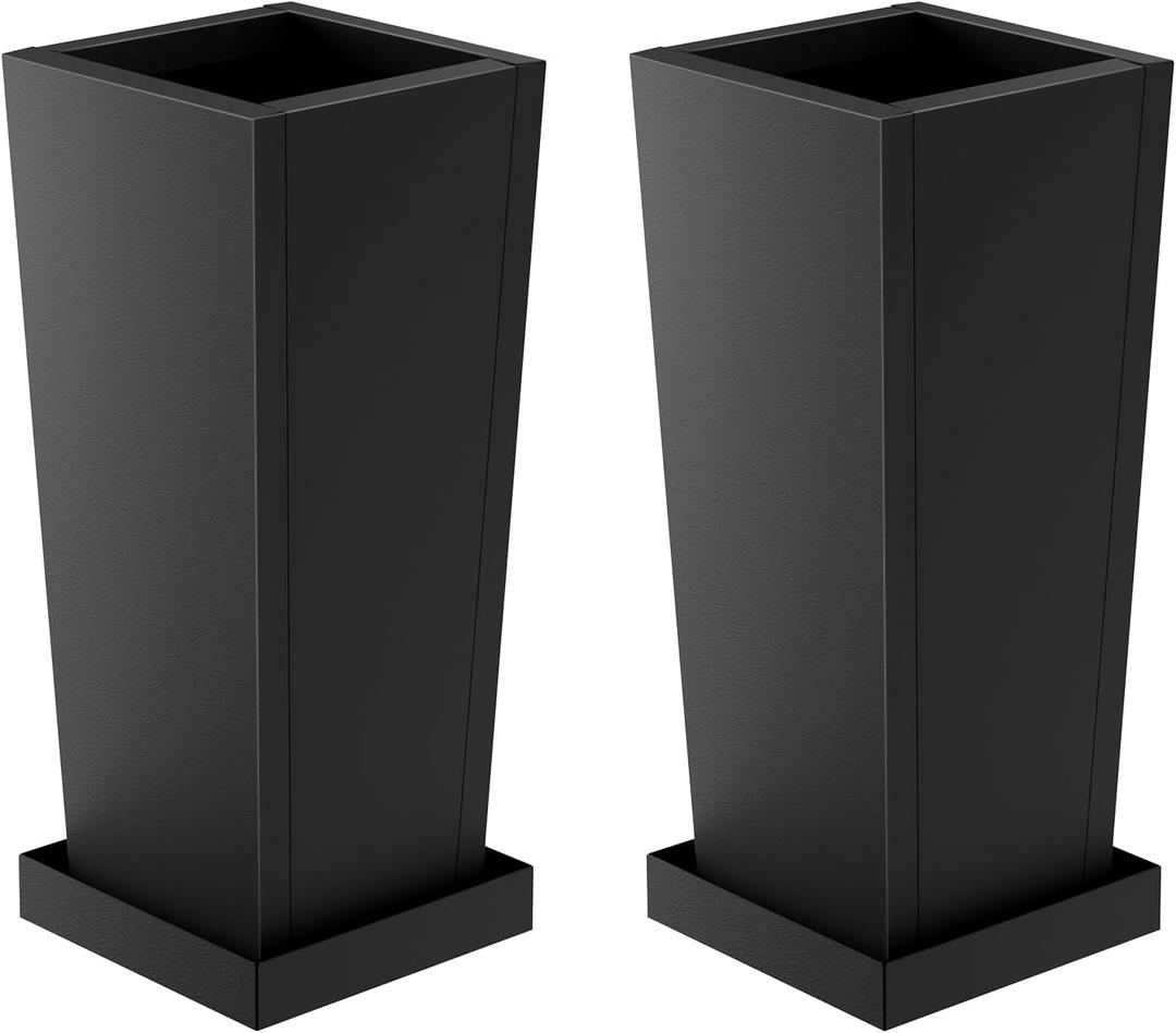 Metal Tall Outdoor Planters Set of 2, 26 inch Durable Tall Planters with Rust-Proof Coating & Drainage Insert Shelve & Trays, Black Outdoor Planters for Porch, Garden, Patio, Yard