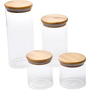 WHOLE HOUSEWARES Glass Jars with Bamboo Lids - 4-Piece Modular Set (33.8oz, 25.4oz, 15.2oz, 11.2oz) with Modern Wooden Lids - Transparent, Fresh & Convenient Air Tight Pantry Storage Containers