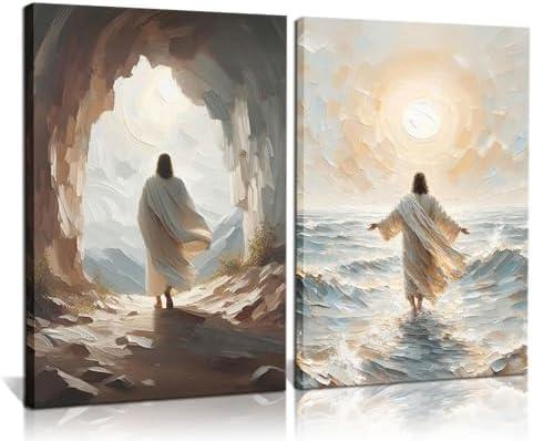 2Pcs Jesus Walking on Water Canvas Wall Art Christian Spiritual Faith Wall Decor Pictures Divine Light Modern Religious Posters Prints Paintings for Prayer Room Bedroom Living Room Decor 16x24 Inch