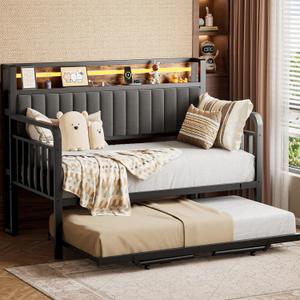 Daybed with Trundle and LED Light, Heavy Duty Metal Twin Bed Frame with Upholstered Storage Headboard & Charging Station, Day Bed Pop Up Trundle Bed Twin for Living Room,Bedroom and Guest Room (Brown)