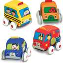 Melissa & Doug K's Kids Pull-Back Town Vehicle Set - Baby Toys Set with 4 Soft Toy Cars and Trucks, Surface Washable with Removable Wheels, Learning Toys for Babies and Toddlers