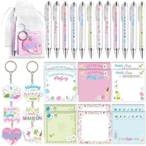 Mahjong Sticky Notes Pads with Ballpoint Pens Keychains Bags Party Favors Gift Set Mahjong Themed Colorful Gifts for Men Women Mah Jong Lovers Office Home Birthday Party Decorations Supplies, 48Pcs