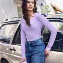 Ekouaer Long Sleeve Shirts for Women V Neck Basic Ribbed T Shirt Thermal Undershirts Slim Fit Casual Tee Tops (Purple)