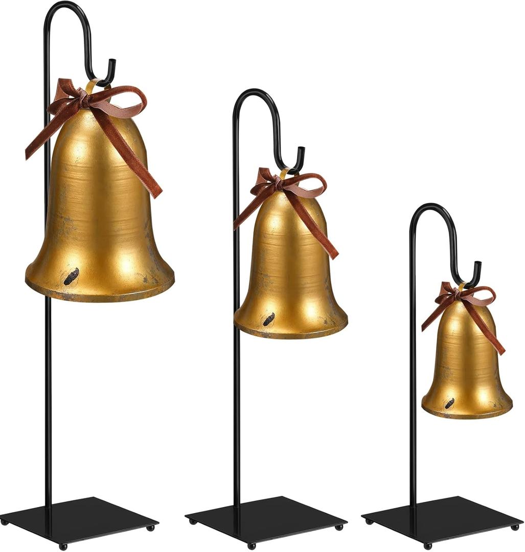 Amyhill 3 Pcs Christmas Decorative Bells Stands Table Decor Metal Vintage Inspired Bells Stands with Velvet Bow for Rustic Christmas Hanging for Xmas Table Window (Classic)