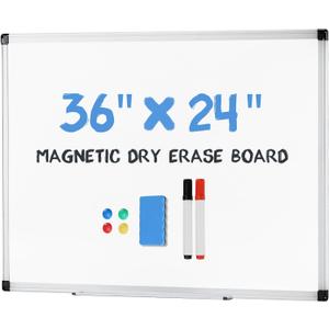 OLIXIS Magnetic White Board, Dry Erase Board for Wall 36" x 24", Whiteboard with 1 Dry Eraser & 2 Multicolor Markers & 4 Magnetic Pins, Aluminium Frame for Home, School, Office, White
