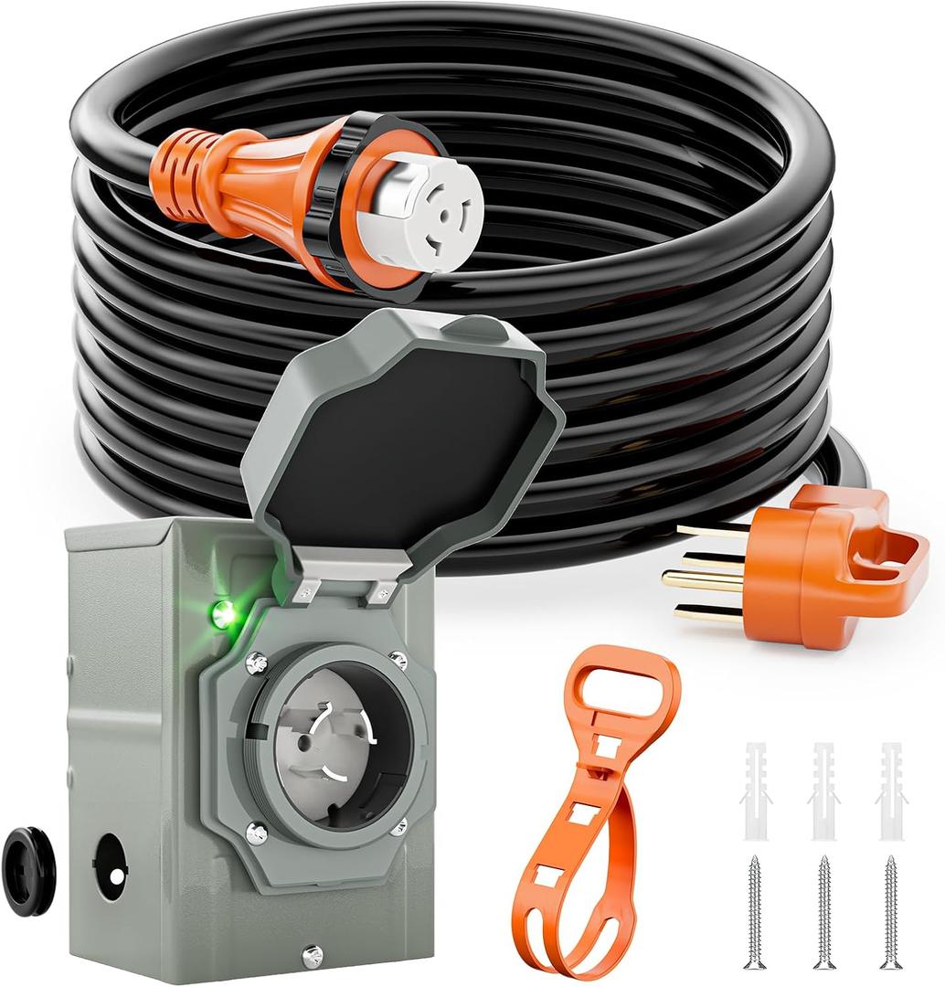 50 Amp Generator Power Cord 25ft and Inlet Box Kit, NEMA 14-50P to SS2-50R Twist Lock with Organizer for RV, Outdoor