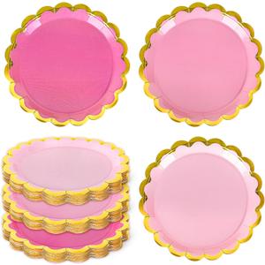 Whaline 30Pcs Pink Paper Plates Gold Foil Scalloped Border Disposable Plates 3 Colors Gradient Daisy Shape Tableware Decor for Dessert Appetizer Party Supplies, 9 Inch