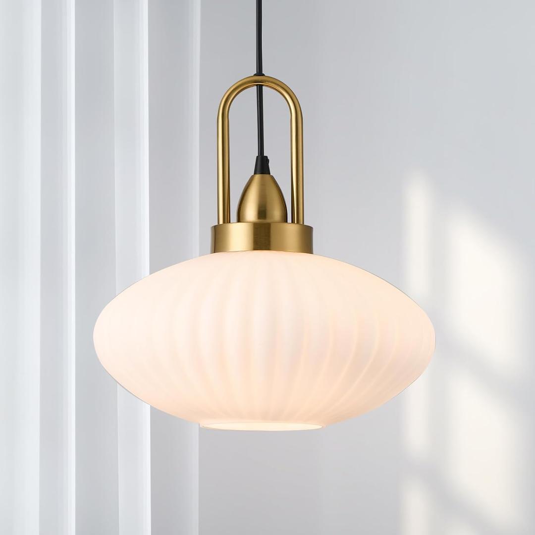 12 Inch Milk Glass Pendant Lights Vintage Chandelier Pendant Lighting Modern Mid Century Hanging Lights Adjustable Kitchen Island Light for Dining Room Bedroom Hallway