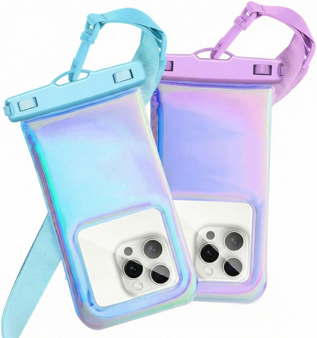 Floatable Waterproof Phone Pouch Case 2 pcs for iPhone 17 16 Pro Max/15/14, IP68 Travel Cellphone Dry Bag Beach Cruise Ship Essential Bag with Crossbody Lanyard, Iridescent Blue and Purple-7″