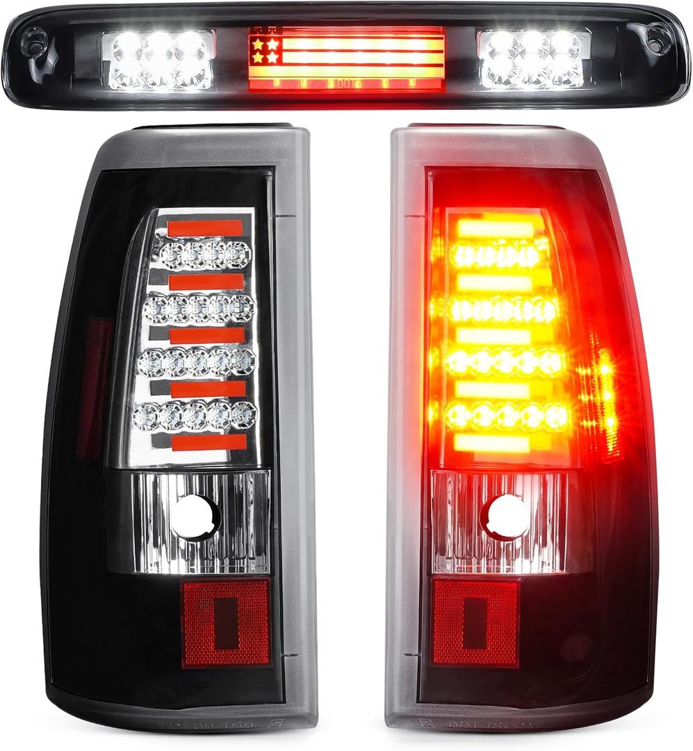 LED Tail Light + 3rd Third Brake Light Fit for Chevy Silverado GMC Sierra 1500 2500 3500 1500 HD 2500 HD 2003-2006, for Chevy Silverado GMC Sierra Classic Models 2007, 3 Pcs, Chrome Housing Clear Lens