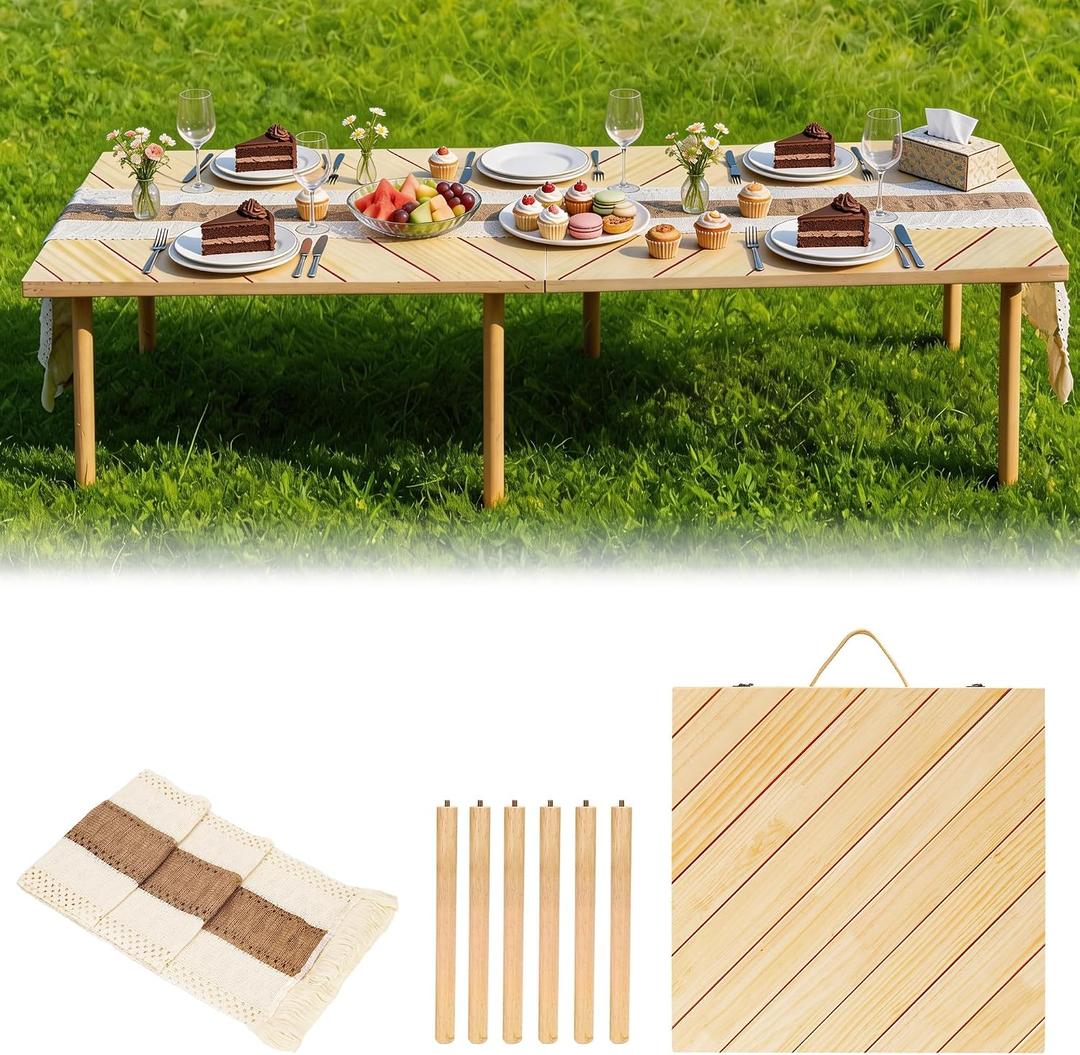 60" x 30" Folding Picnic Table with Boho Table Runner Wooden Low Table Portable for Indoor Outdoor Use Ideal for Camping Beach Weddings Garden Parties (Herringbone), 60" x 30" x 16.9"