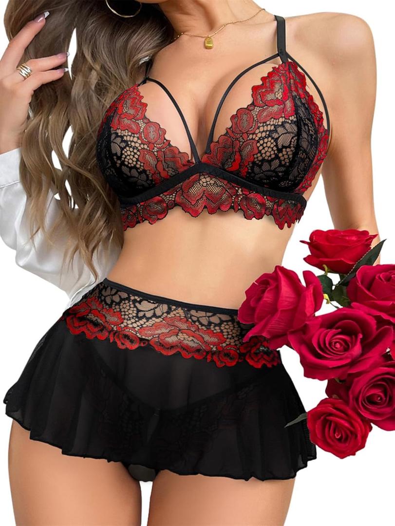 Sexy Mini Skirt with Thong Floral Lace Sheer Bralette Lingerie Set 3 Piece Otufits (Black Red)
