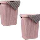Mind Reader 50L Slim Laundry Hamper, Clothes Basket, Lid, Wicker Design, Plastic, 17.65"L x 13.75"W x 21"H, Set of 2, Pink