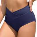 Women's High Waisted Bikini Bottoms V Cut Full Coverage Swim Bottoms Cross Front Bathing Suit Bottoms (Blue), Medium