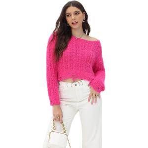 2025 Fall Cropped Sweater for Women Off The Shoulder Pullover Fluffy Knit Fashion Crop Top Holes Design (Pink, XL)