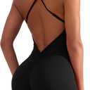 YEOREO Backless Tummy Control Jumpsuits for Women One Piece Workout Jumpsuits Sleeveless V Back Lizvette Scrunch Yoga Rompers (Small, Black)