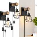 Lomoky Plug in Wall Sconces Set of Two, Vintage Wood Wall Lamps with Plug in Cord, Farmhouse Wall Light Fixture with 5.25FT On/Off Switch Cord, Indoor Sconces Lighting for Bedroom Living Room