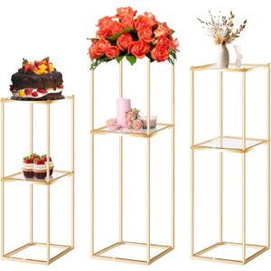 kehail 2-Tier Metal Flower Stand Set with Acrylic Shelves, Geometric Display Rack for Wedding Centerpieces, Party Decor, Tall Floor Vase Stand (Gold, Set of 3-36.8"/32.9"/25")