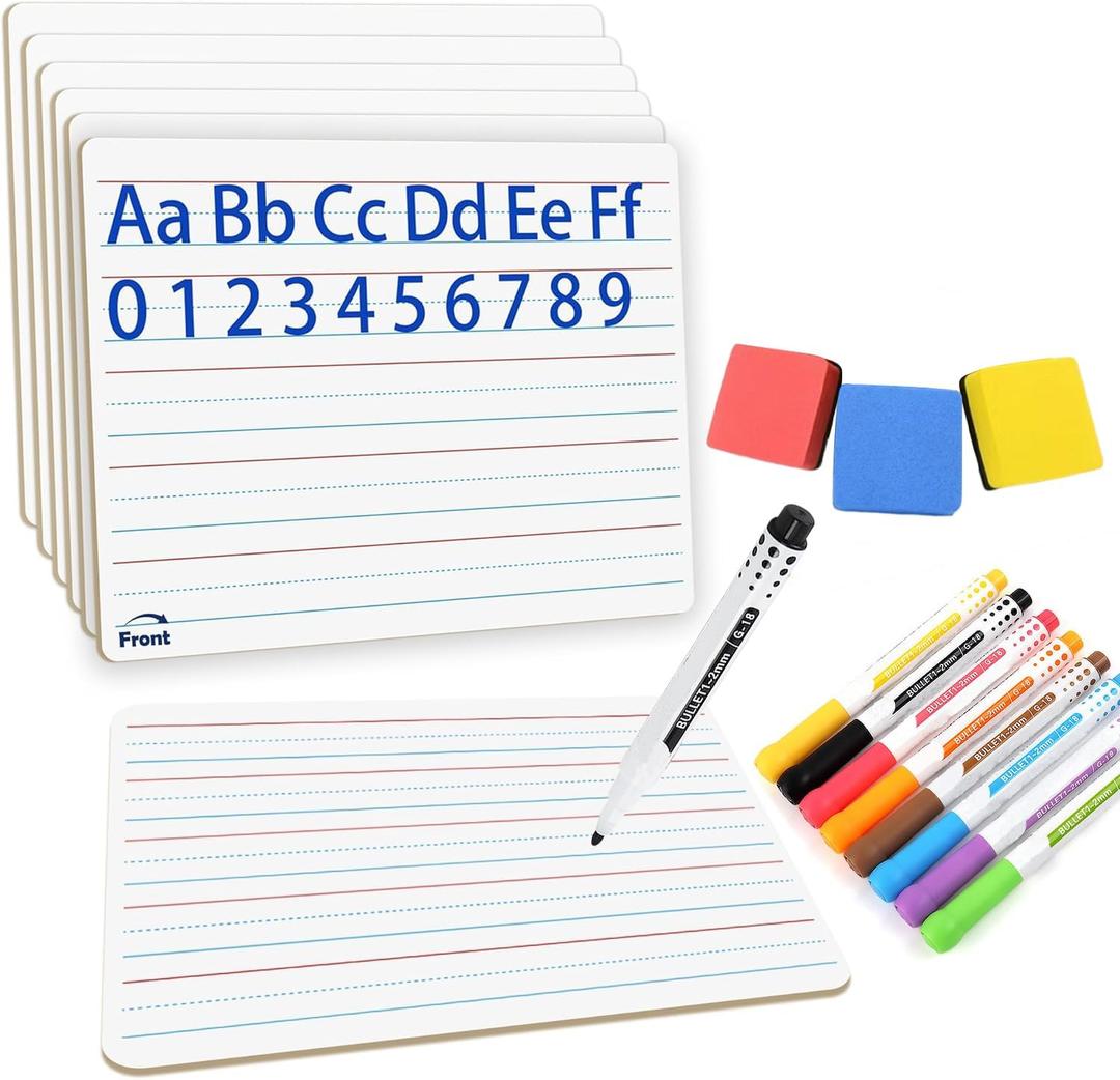 6 Pack Dry Erase Board 9"x12" with Lines and Blank Surface Learning, Math, Writing Teacher & Homeschool Supplies Mini Whiteboard Erasers Included Colors Pens