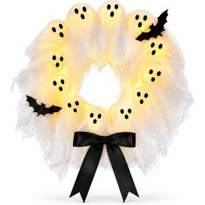 Halloween Lighted Ghost Wreath, 14 Inch LED Ghost Door Hanging