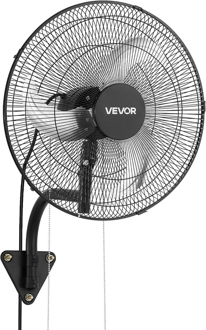 VEVOR Wall Mount Fan, 18 in Wall Mounted Hanging Fan Oscillating, 3-Speed, Long Airflow Distance, Adjustable Rotation Angle, Mechanical Powerful for Industry, Commercial, Garage, Workshop, Gym, Black