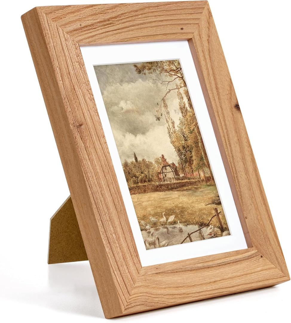 Fun Memories 5x7 Picture Frame with Mat for 4x6 Photo, Solid Elm Wood & Tempered Glass, Rustic Wall & Tabletop Display Frame, Natural, 1 Pack (5 x 7 Inch, Natural)