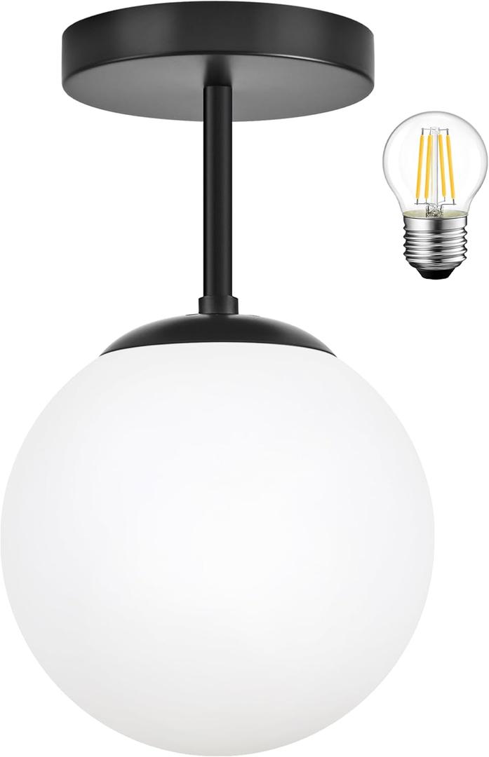 Mid Century Modern Globe Semi Flush Mount Ceiling Light Fixture, Frosted Glass with Black Finish, 1-Light Sphere Glass Pendant Lights for Aisle Porch Stairway Closet Kitchen Laundry Room(Bulb Incl.)