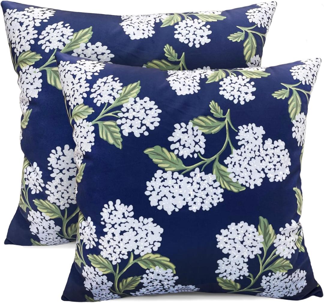 Decorative Throw Pillow Covers 18x18 inch Set of 2, Super Soft Blue Hydrangea Print Farmhouse Pillow Cases Outdoor Pillow Covers for Couch Sofa Bed Living Room Home Decor Cushion Covers
