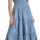 ShallWe Women's Black Summer Dress Casual Long Maxi Short Sleeve Layered Cotton V Neck A Line Flowy Dresses for Women 2025 (Medium, Blue)